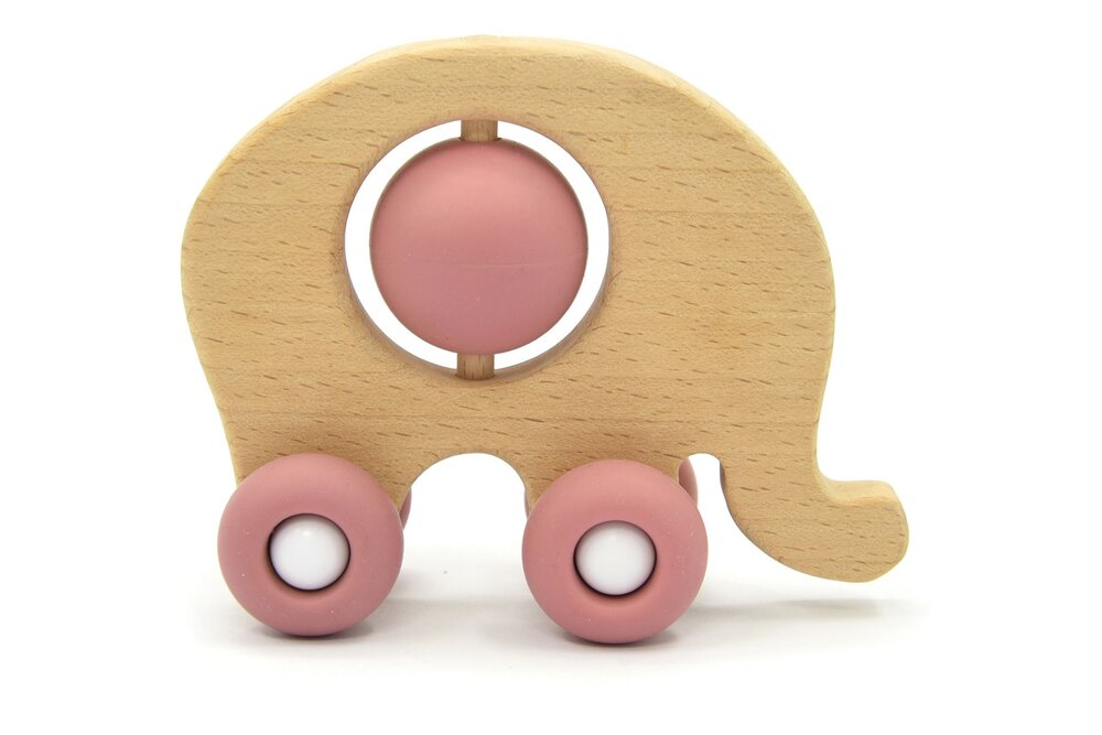 Magni Elefant i træ og med hjul af silikone - Pink